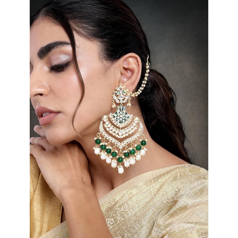 Aheli Indian Traditional Gold Plated Green Kundan Pearl Dangling Earrings