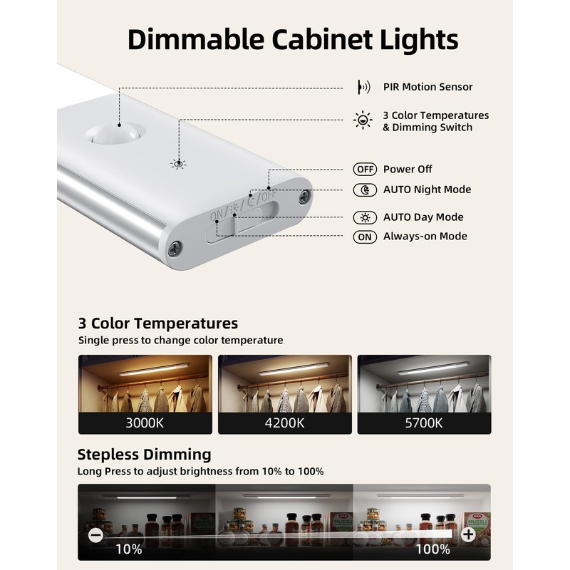 EZVALO Under Cabinet Lighting, 2200mAh Closet Lights with 2 Extra