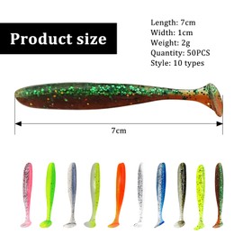 MIPIACE 50 PCS Fishing Lures Artificial Soft Fishing Lures 7 cm Soft Plastic Lures T-Tail for Fishing Bass Walleye Perch Crucian Carp for Fishing Accessories