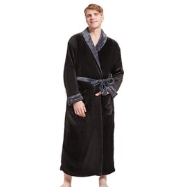 FashGudim Mens Robes Big and Tall Full Length Plush Fleece Long Robe for Men Bathrobe Shawl Collar Warm Winter House Robes (Black/Grey,L/XL)