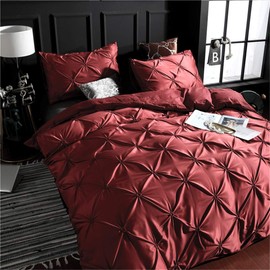 Erosebridal Burgundy Pinch Pleated Comforter Cover Queen Size Silk Like Satin Pintuck Bedding Set with Zipper Ruffle Design Luxury & Microfiber Comforter Cover Pintuck Decorative Bedspread Cover