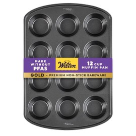 Wilton Gold Non-Stick 12 -Cup Muffin Pan, Stainless Steel Bakeware, Made without PFAS, 10.5 x 15 x 1.4 in, Packaging May Vary