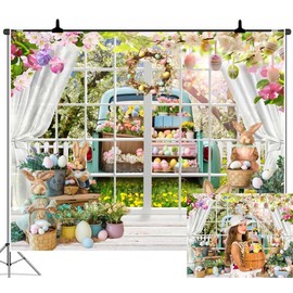Caaerttply Easter Backdrops for Photography 10x8ft Spring Easter Eggs Photo Background Window Flower Green Grass Rabbit Truck Backdrop Kids Baby Children Easter Day Party Portrait Photo Props