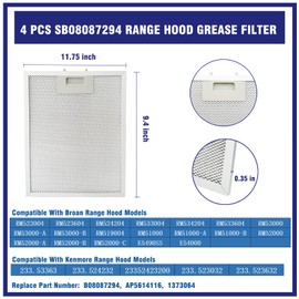4 Pcs SB08087294 Range Hood Grease Filter Replacement Compatible with Broan Nutone RM523004 RM523604 RM524204, Fit for Kenmore 233.53363, Replaces B08087294 AP5614116 1373064, 11.75"x 9.40"