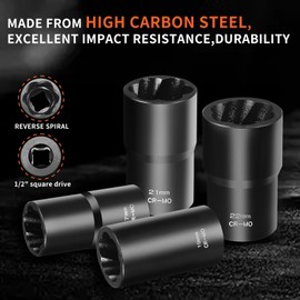 CKductpro 6 PCS Twist Socket Set, Stripped Lug Nut Remover Wheel Lock Removal Kit Extractor Set for Removing Damaged, Dead, Rusted, Rounded-Off Bolts, Nuts & Screws-17MM,19MM, 21MM, 22MM