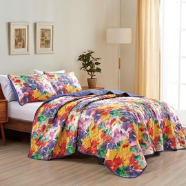 ESCA 3-Piece Ksana Purple & Red Abstract Floral Flower Pastel Reversible Bedspread Coverlet Quilt Set with 2 Pillow Shams - Full/Queen Size
