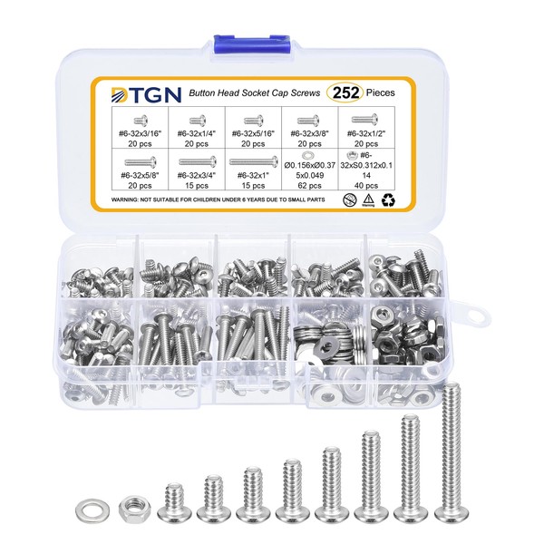 DTGN 252Pcs #6-32x3/16 to 1" Button Head Socket Cap Screws