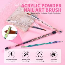 Nail Art Acrylic Brush Set - 3 Sizes (8#/12#/14#) with Cleaning Comb, Decorative Handle Design for Professional & Home Nail Art, Manicure, and Acrylic Nail Application