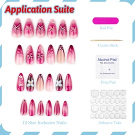3D French Tip Press on Nails Medium Almond Handmade Fake Nails Flower False Nails with Curve Line Butterfly Pearls Designs Rose Pink Glossy Glue on Nails Acrylic Nails for Women Girls 24Pcs