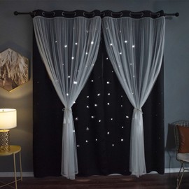 Kinryb Black Star Cutout Blackout Curtains Double Layer Curtains with Durable Sheer Curtains for Bedroom Thermal Insulated Window Treatment Set with 2 Tiebacks Black 52W x 63L 2 Panels