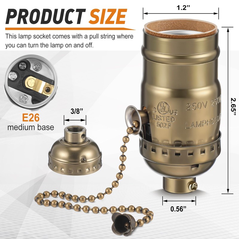 Saysurey 6 Pcs Pull Chain Lamp Socket Replacement, E26 Standard