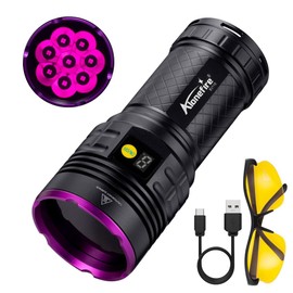 ALONEFIRE SV118 365nm UV Flashlight 80W Powerful Blacklight Digital Display USB C Rechargeable Black Light for Pet Urine Detector, Scorpion, Resin, Bed Bug, Fishing with UV Protective Glasses, Battery