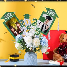 Amyhill 16pcs Graduation Decoration Class of 2025 Graduation Party Centerpieces Sticks for Tables Photo Table Toppers for High School College Party Decorations(Green and Silver)