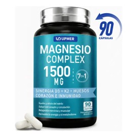 Magnesio UPMER Complex 7 en 1 con Vitamina D3 y K2 para Huesos, Músculos y Sueño, 90 Cápsulas Sin Sabor