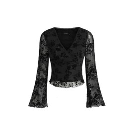 CIDER Lace Floral V-Neck Long Sleeve Crop Blouse: Black, XL