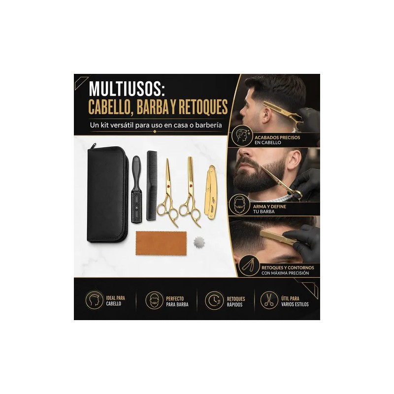 Tijeras Doradas De Barberia Y Kit 8 Pzas Cortar Cabello