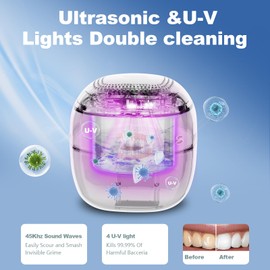 Retainer Cleaner ultrasonic，45kHz 180ml ultrasonic cleaner, cleaning and drying functions with Digital Timer，Retainer Cleaner Machine for Dentures, Mouth Guards, Braces, Jewelry (white)