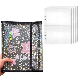 ADOFUN Sealing Notebook, Transparent, Girls, Removable, A5 Size, 6 Holes, Binder, Seal Notebook, Clear Binder, Seal Storage, Pushing Goods, 5.2 x 7.7 inches (132 x 196 mm), Includes 10 Transparent Refills (Cover with Star Patterns)