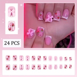 24pcs French Tip Press on Nails Short Square Fake Nails with Bow Designs Artificial White French False Nails Strawberry Acrylic Full Cover Glue on Nails for Women Girls Manicure Decoration