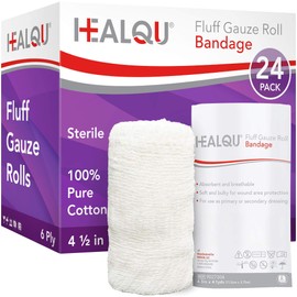 HEALQU Kerlix Type Gauze Bandage Rolls - 4 ½ in x 4.1 Yds, 6 Ply - 24 Single Sterile Pocuhes - Extra Absorbency, Latex Free, Hospital Grade Cotton Krinkle Fluff Bandage Wrap - Wound Care & First Aid