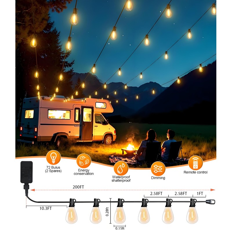 Tenmiro 200FT LED Outdoor String Lights with Remote, 74+2 Shatterproof