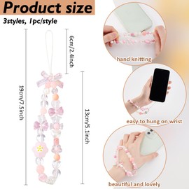 ANATTASOUL 3 Styles Beaded Phone Charm Bow and Love Aesthetic Phone Lanyard Wrist Strap, Cute Keychain Decoration for Wallet AirPods Camera Mobile Pendants Decor