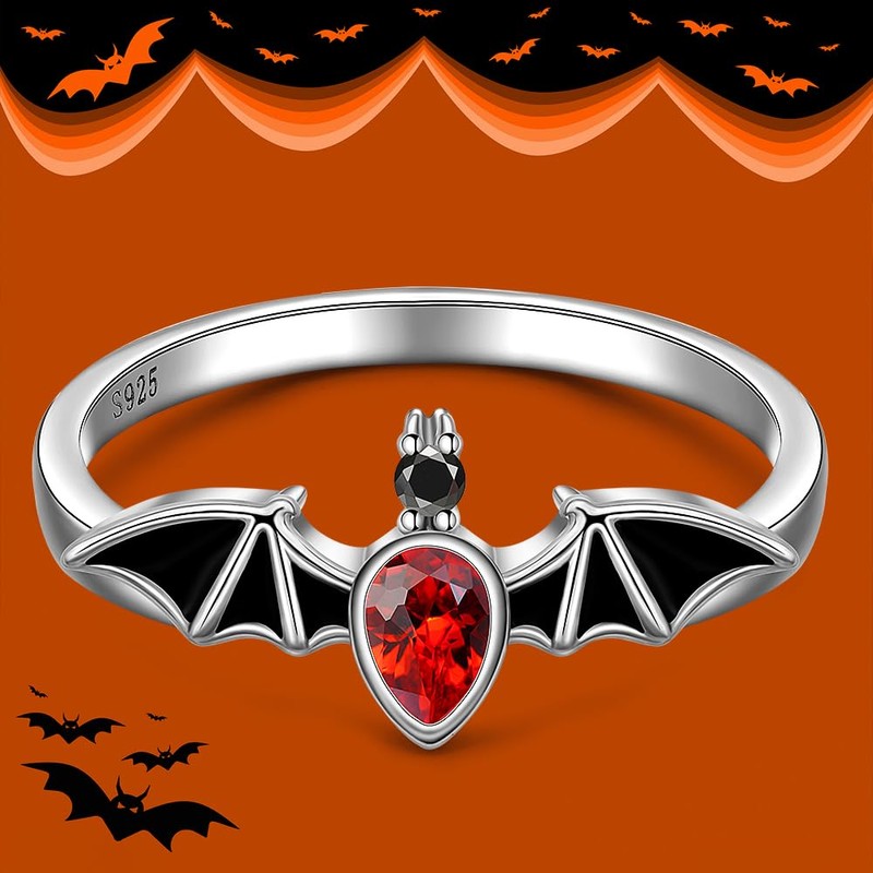 Halloween Black Bat Rings for Women Sterling Silver Gothic Jewelry