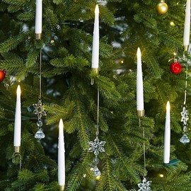 12PCS Christmas LED Taper Candles, Battery Operated Flickering Tree Candle with Remote Timer,Flameless Candles for Christmas Home Parties Birthday Gift with Snowflake Crystal Ball Hook (White)