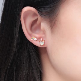 CiNily 2 Pair Cute Small Opal Stud Earring Set for Women Animal Rainbow Hypoallergenic Opal Jewelry