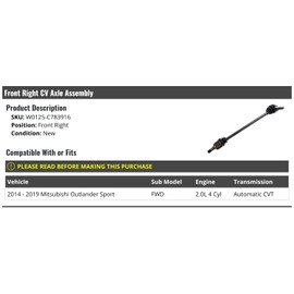 Front Right Passenger Side CV Axle Assembly - Compatible with 2014-2019 Mitsubishi Outlander Sport FWD 2.0L 4-Cylinder (CVT Automatic)
