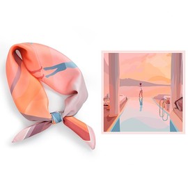 GIMIRO Imitation Silk Scarf [53 x 53 cm] Square Scarves Impressionism Pattern Vintage Scarf for Office Work or Casual Waistband, Orange - Wonderful Sky