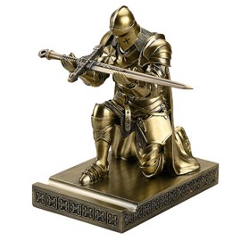 Amoysanli Medieval Armored Warrior Wearing Outerwear, Mobile Phone Stand Knight Pen Holder Desk Organizers, Resin Bookends Paperweight with a Letter Opener for Desk (Bronze)