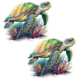 2pcs 5.12''x4.33'' Cartoon Sea Turtle Vinyl Decal for Cars, Trucks, Walls - Self-Adhesive Cute Sea Animal Theme Decal with Coral | CZ92