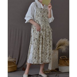 FADUOFA Japanese Cotton Linen Cross Back Apron with Pockets,Fashion Pinafore Dress for Gardening Painting Cleaning Cooking, White Flower, 37.8x17in