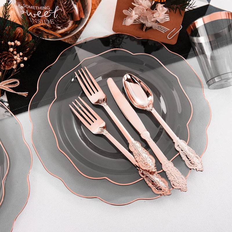 BUCLA 180pcs Clear and Gold Plastic Plates with Disposable Silverware