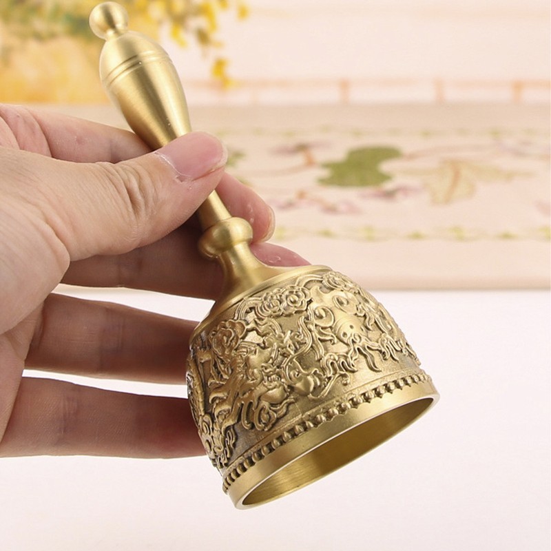Hand Call Bell 4.7in Long Pure Brass Exquisite Carved Pattern