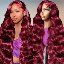 Pre Plucked 99j Burgundy Red Wine Glueless Human Hair 13x6 HD Transparent Body Wave Lace Front  Human Hair Wigs for Womenstyle: Body Wave, color: Burgundy, stretched length: 26 Inches, Lace Size: 13x6