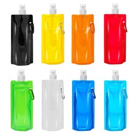 KHDULQ 8pcs Collapsible Water Bottle Plastic Water Bag，Foldable Sports Bottle,Reusable Drinking Water Bottle with Clip for Biking, Hiking Travel, Outdoor Activities，8 Colors