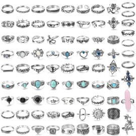 CASSIECA 82 Pcs Vintage Silver Knuckle Rings Set for Women Teen Girls Bohemian Stackable Joint Finger Rings Retro Stone Crystal Stacking Midi Rings Pack