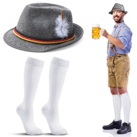 Hercicy 2 Pcs German Hat Socks Oktoberfest Costume Accessories Men Bavarian Hat Feather Knee Lederhosen Compression Socks(Gray, White)