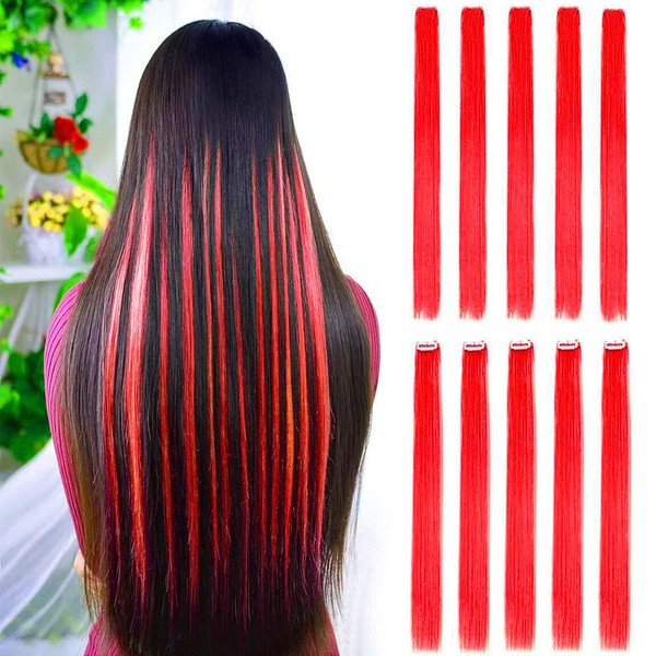 22" 10 Color Clip in Hair Extensions Straight Hair for Party Highlights Red