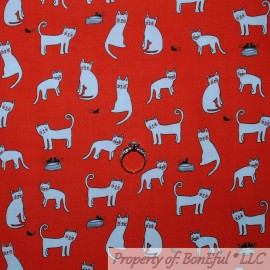 Michael Miller Fabrics BonEful Fabric FQ Cotton Quilt VTG Red White Kitty Cat B&W Mouse Food Bowl Tail