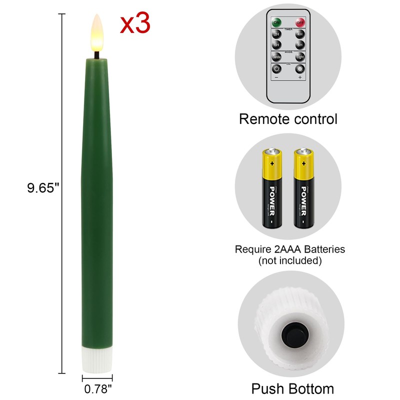 KunSwenn Christmas Green Flameless Taper Candles with Remote, Real Wax