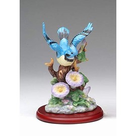 Cosmos Gifts Fine Porcelain Blue Jay with Morning Glory Flowers on Wood Base Figurine, 5-7/8 in