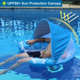 COOLCOOLDEE Pool Float with Canopy for Adults - XL Inflatable Lounge Chair with Adjustable Sun Shade Cover, Drink Cup Holder, Ergonomic Headrest