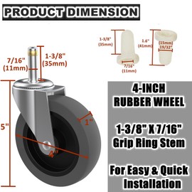 RILIDRI 4-Inch Swivel Stem Caster for Rubbermaid Mop Bucket Utility Cart, 7/16-Inch Stem Diameter Rubber Wheel Set of 4, Heavy Duty TPR Weber Grills Shop Vac Replacement Wheels