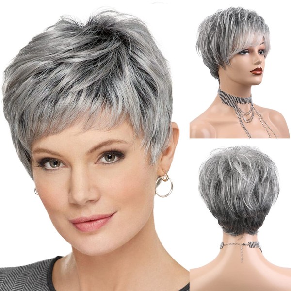 HAIRCUBE Easy Care Wigs Pixie Cut Human Hair Wigs for Women Pretty Short Gray Wigs for Women Natural Realistic