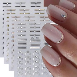 4 Sheets French Stripe Line Nail Stickers with Gold Silver Shiny Crystal Rhinestones,Metallic Stripe Lines Adhesive Design Nail Supplies French Sticker for Women Girls Luxury Manicure Decorations