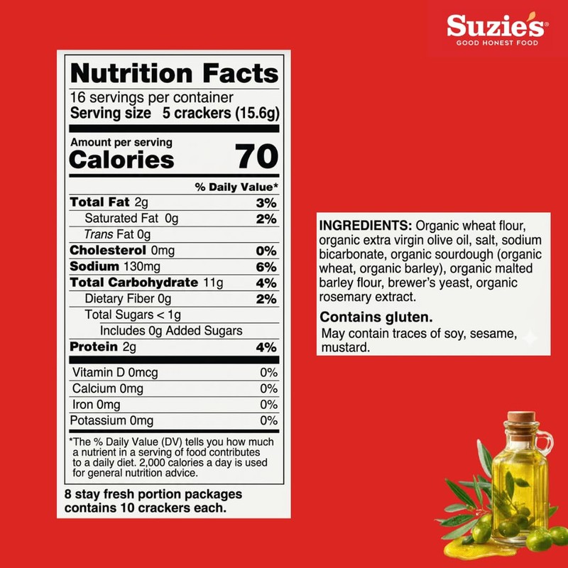 Suzie's, Organic Saltines, Salted Crackers, Salt & Extra Virgin Olive