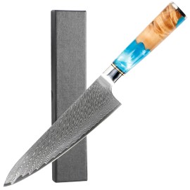 IOKO 67 Layers Damascus Steel Cleaver Chef Knives High Quality Burlwood Resin Handle Sushi Damascus Chef Knivescolor: Blue DMS-007, kitchen knife size: 13.18inch